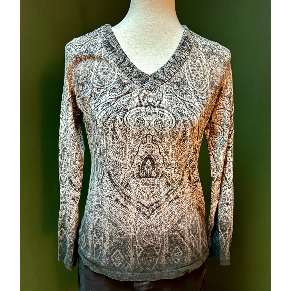 Y2K Liz Claiborne Gray‎ Ombre Paisley Print Long Sleeve Top Women's M